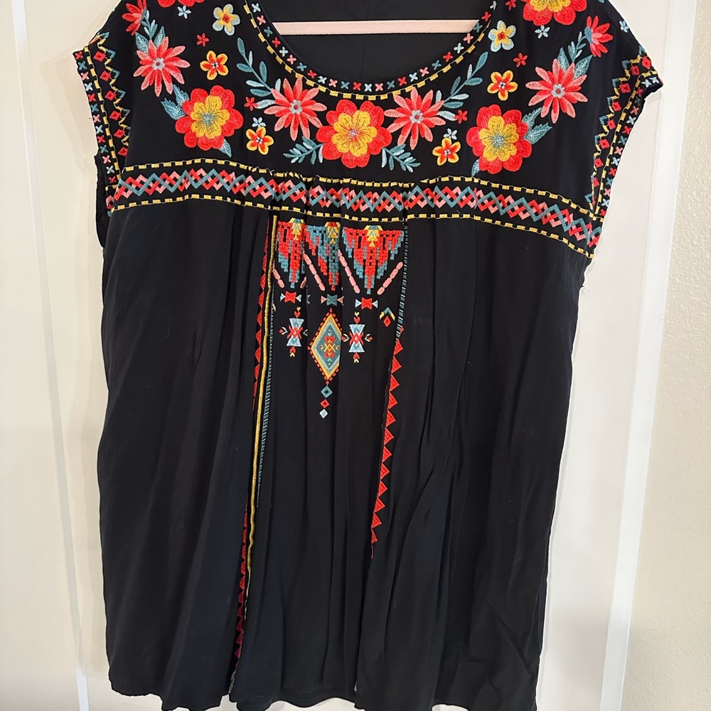 Impressions Black Top with Colorful Embroidery